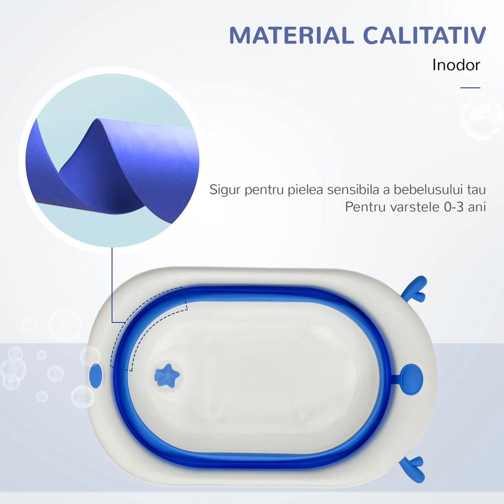 HOMCOM Cadă Pliabilă cu Indicator de Temperatură și Pernuță, Albastru, 81.5x50.5x23.5 cm, pentru Bebeluși 0-3 Ani | Aosom Romania