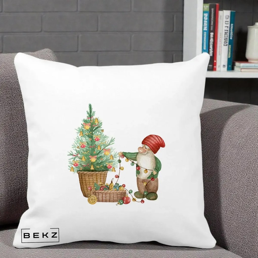 Perna Decorativa Pitic de Craciun cu Brad, 40x40 cm, Alba Mata, Husa Detasabila, Perna Inclusa, BEKZ®
