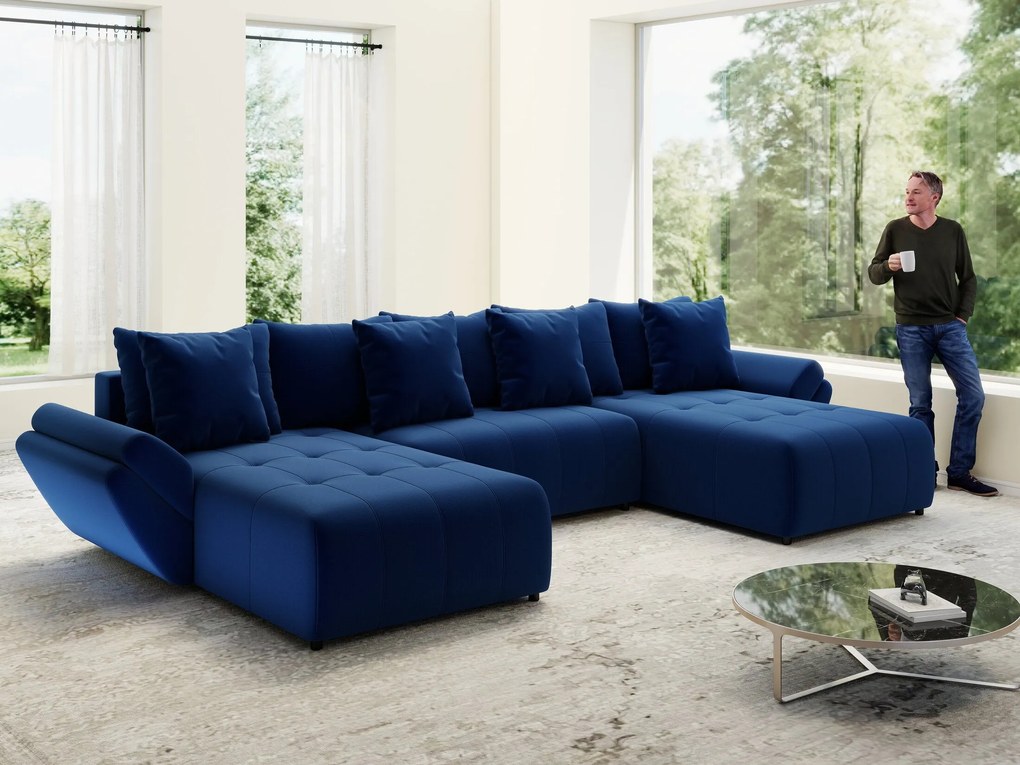 Colțar extensibil dumonde cu ladă de depozitare si sezut confortabil din spuma high-density, Berlin U Royal Blue 380x180 cm