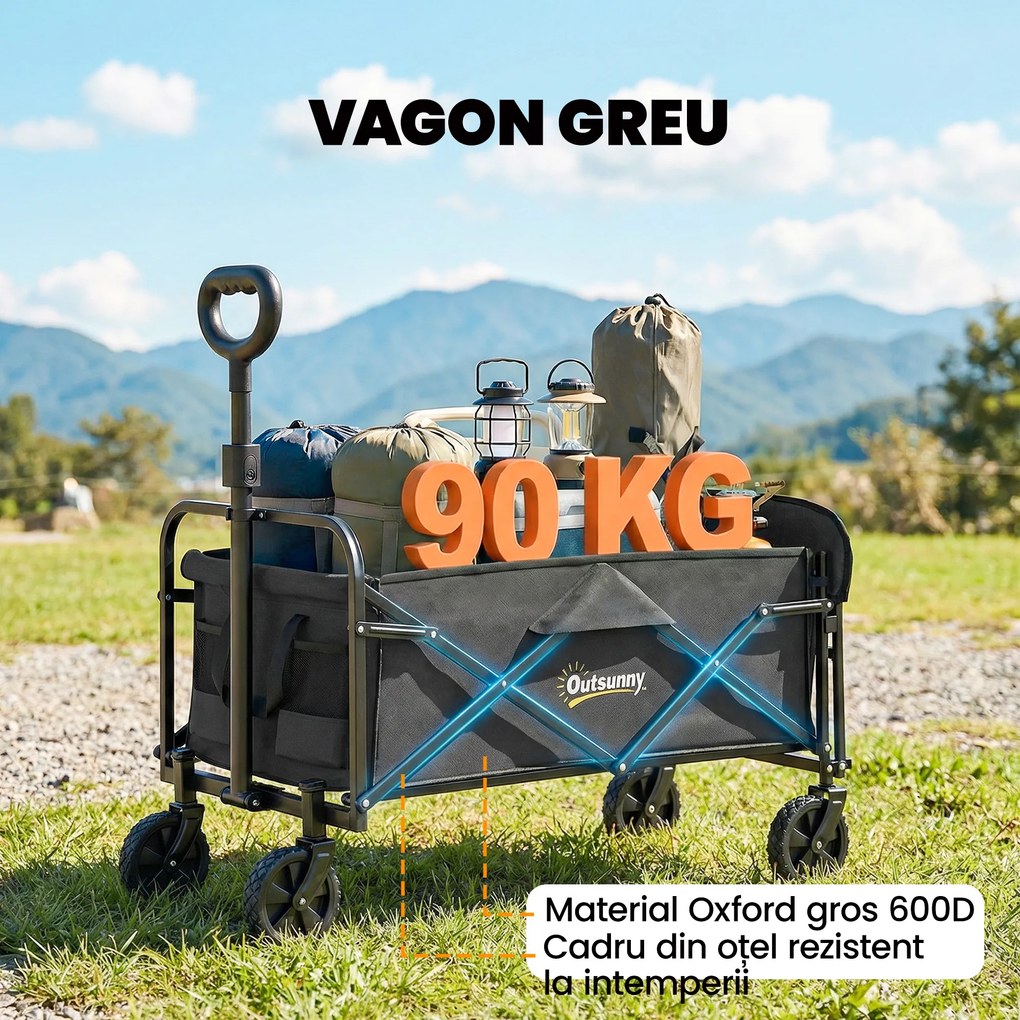 Outsunny Cărucior de Grădină 72L Pliabil cu Mâner Reglabil, din Oțel și Material Oxford, 114x46x92 cm, Negru | Aosom Romania