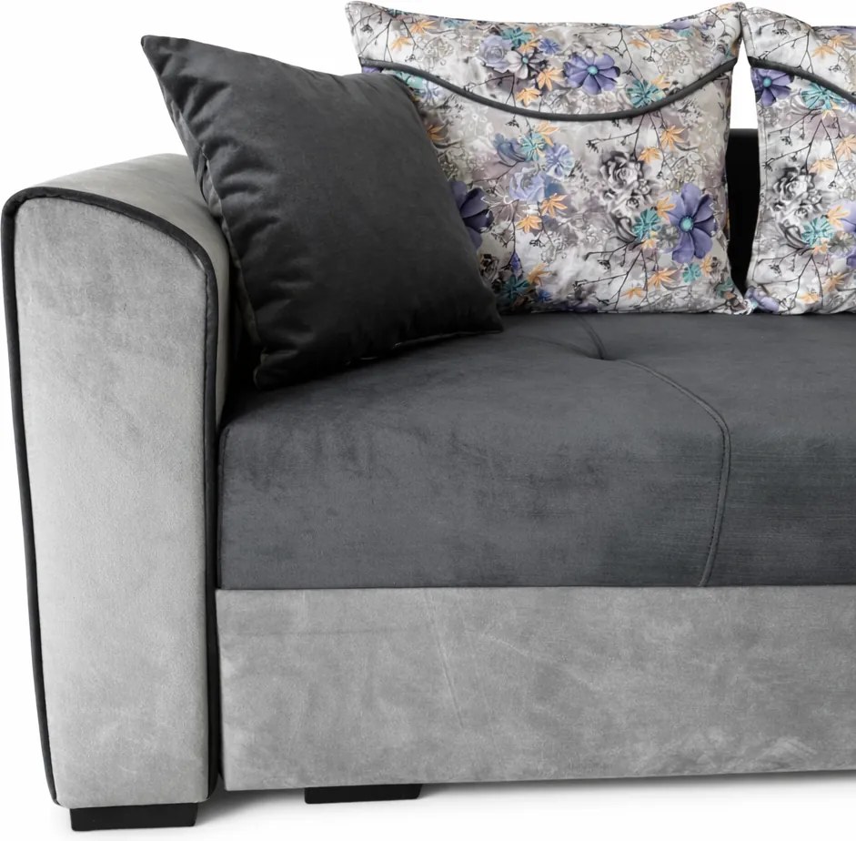 Coltar Lori, 4 locuri, cu 2 lazi de depozitare, catifea, 260x95x80 cm, culoare gri inchis cu gri deschis Stânga, catifea, Gri Inchis + Gri Deschis