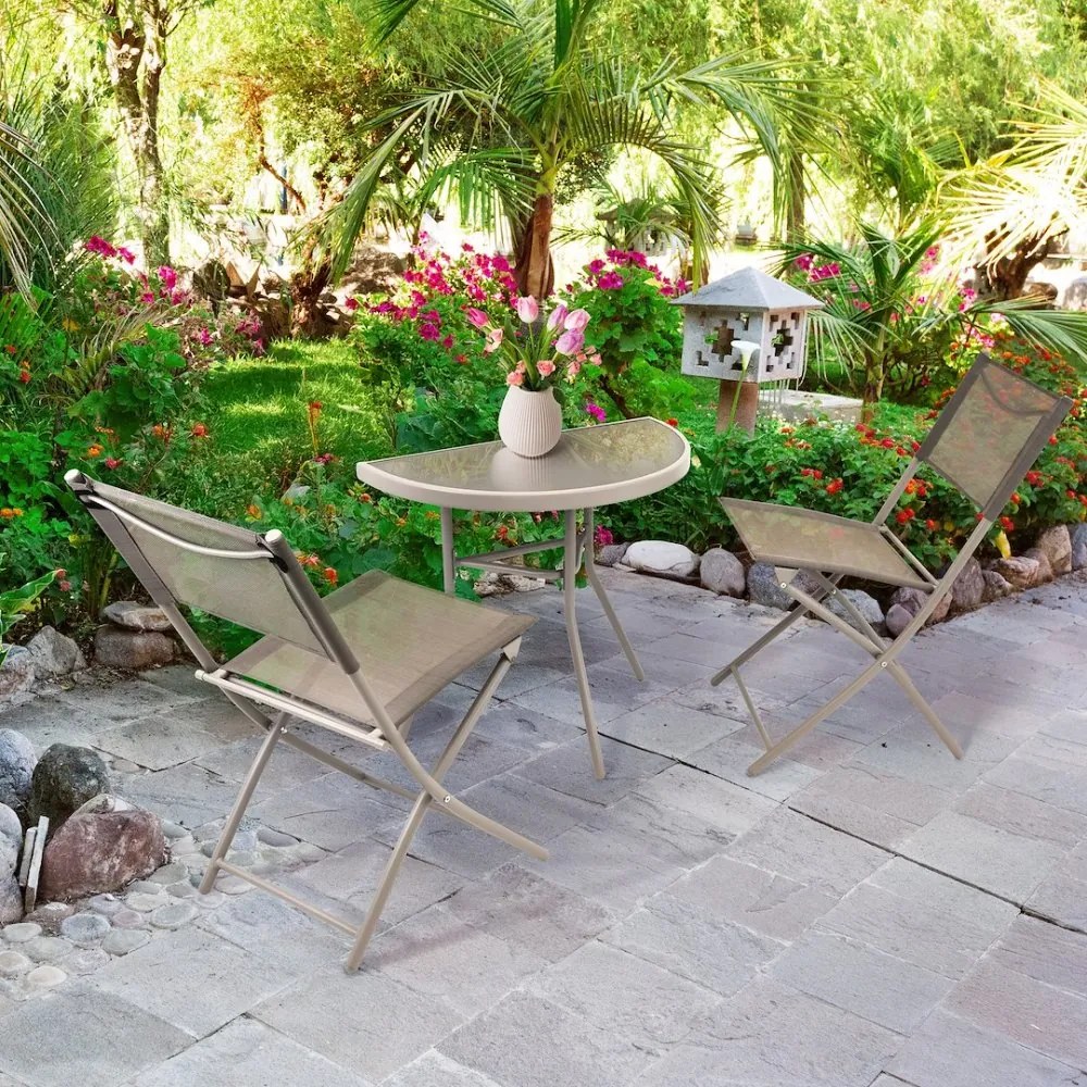 Masă balcon semirotundă bej - sticlă cu structură metalică