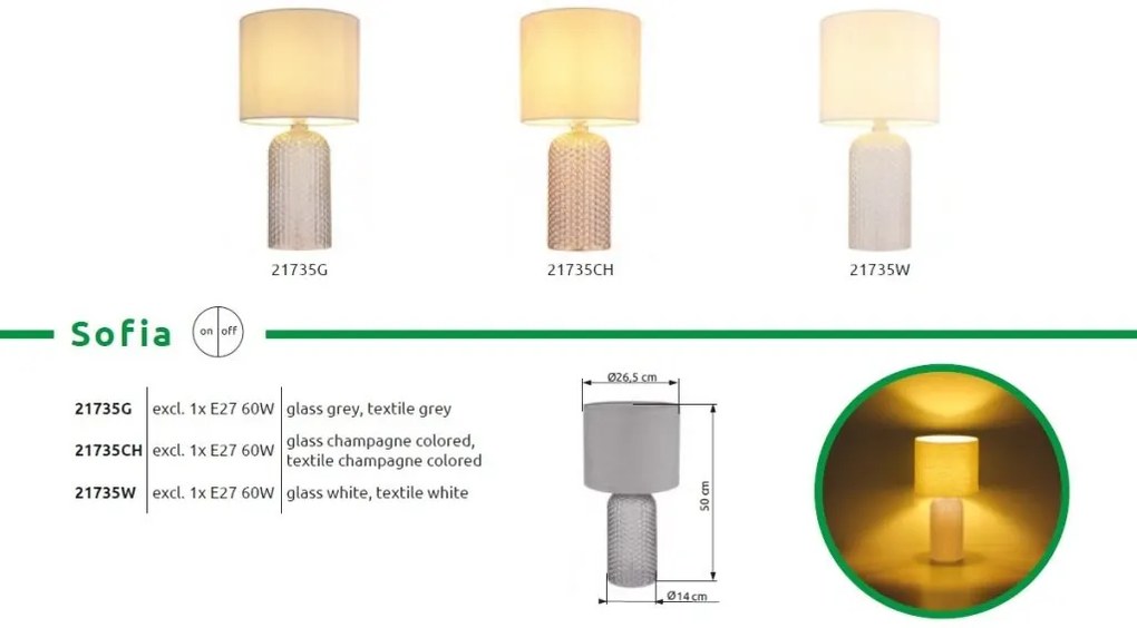 Lampa de masa cu baza din sticla abajur textil SOFIA sampanie