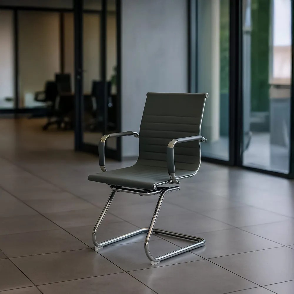 Scaun vizitator gri OFF 806 din piele ecologică cu bază metalică și cadru cromat