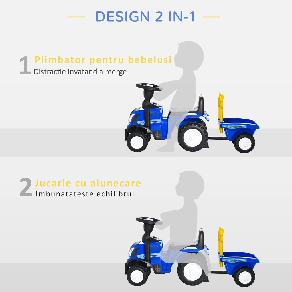 Tractor pentru Copii cu Remorca, Grebla si Lopata, 12-36 Luni, 91x29x44cm, Albastru inchis HOMCOM | Aosom Romania