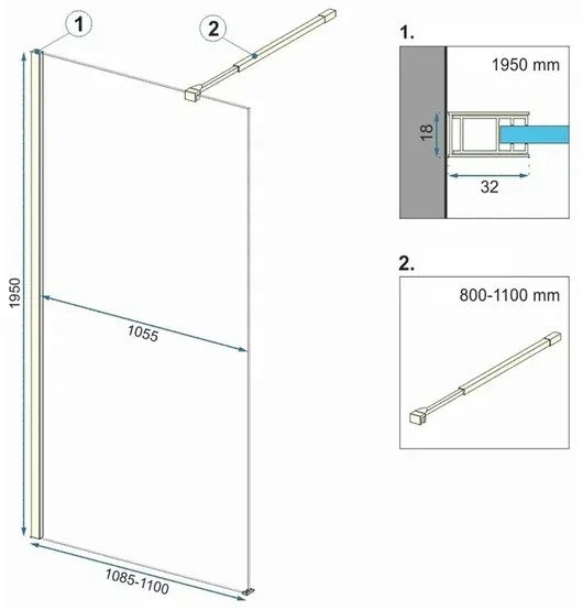 Paravan de dus tip Walk-in Rea Aero N 110x195 cm si etajera cu suport auriu
