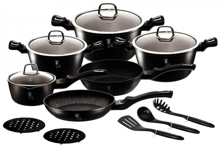 Set oale si tigai marmorate (15 piese) din aluminiu forjat Black Silver Collection Berlinger Haus BH 6155