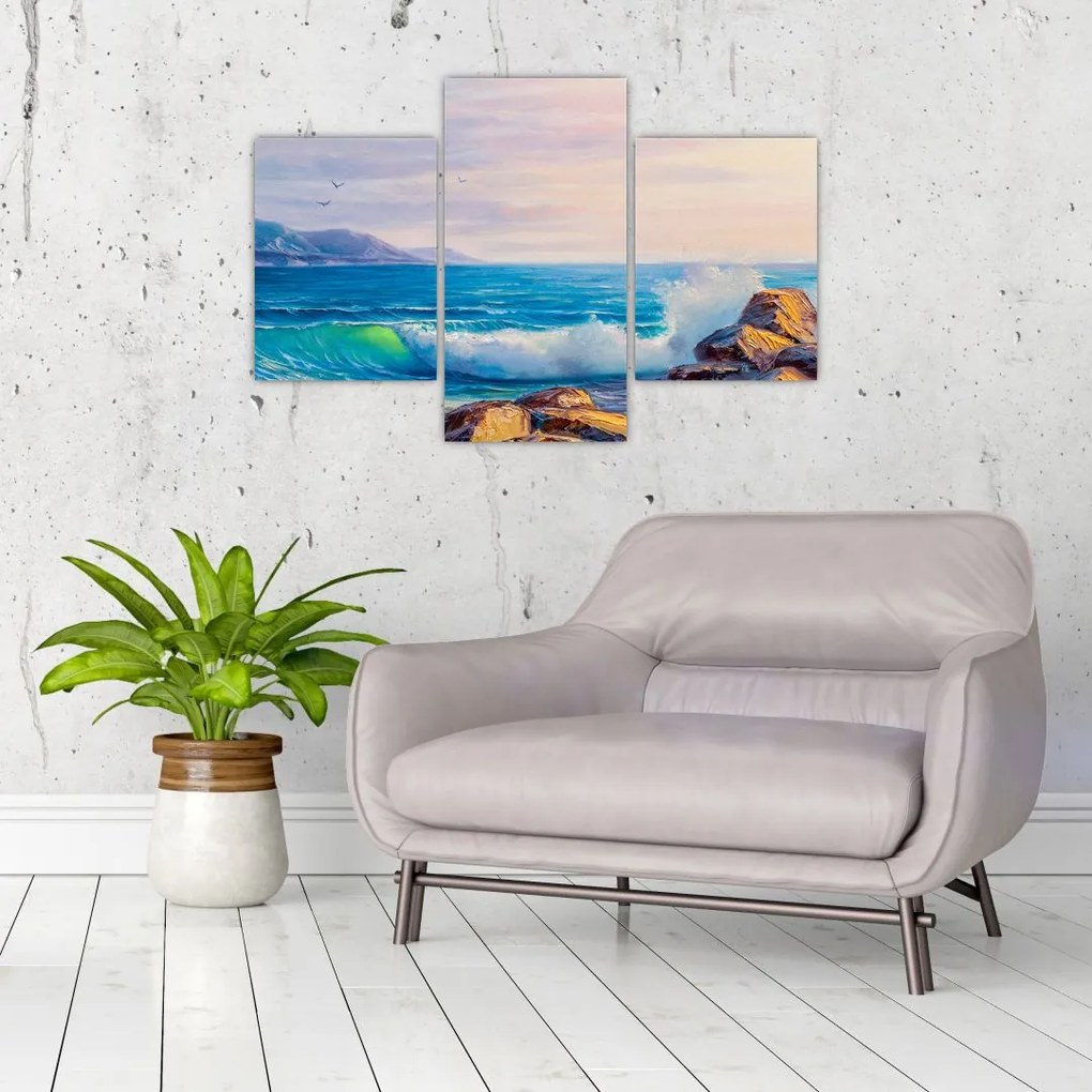 Tablou - Valuri lovind stânci, pictură în ulei (90x60 cm)