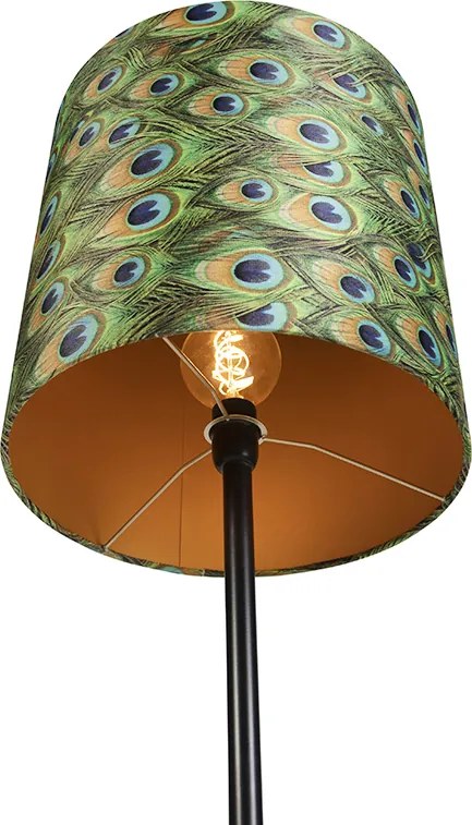 Lampă de podea neagră cu abajur din catifea cu motive de păun auriu 40 cm - Simplo