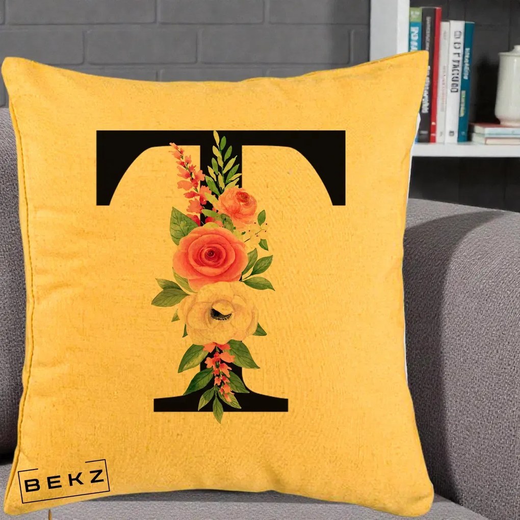 Cadou Personalizat - Perna Personalizata Monograma Florala Litera T, 40x40 cm, Galben, Husa Detasabila, Perna Inclusa, BEKZ®