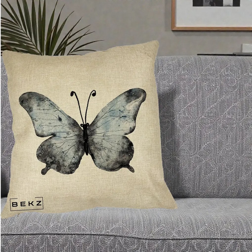 Perna Decorativa Fluture Acuarela Albastru-Gri, 40x40 cm, Crem, Husa Detasabila, Perna Inclusa, BEKZ®