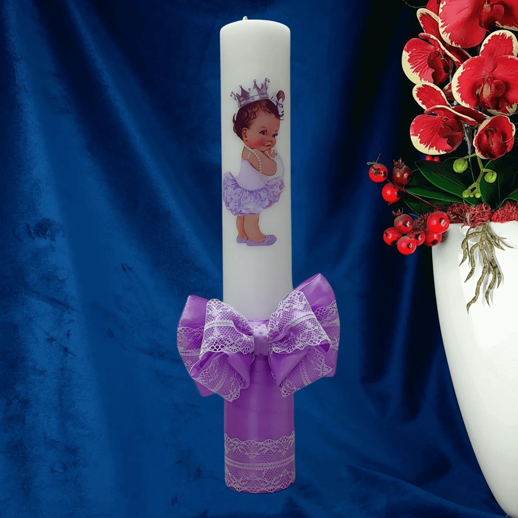 Lumanare botez decorata Printesa cu coroana 4,5 cm, 30 cm