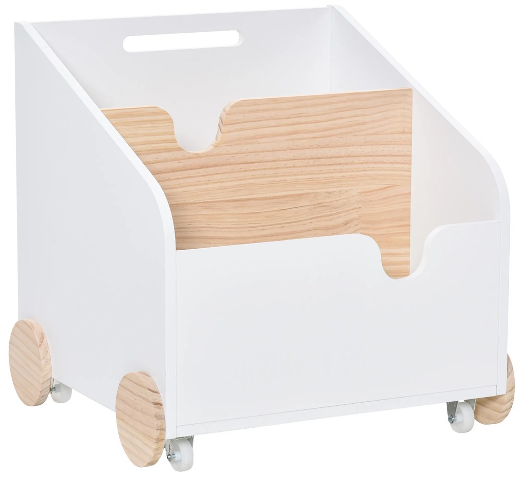 HOMCOM Cutie de Depozitare din Lemn pentru Jucării 2 Secțiuni cu Roți și Mâner Cărucior Copii Librărie cu Roți pentru Cameră Copii 40x43x43 cm Alb și Natural | Aosom Romania