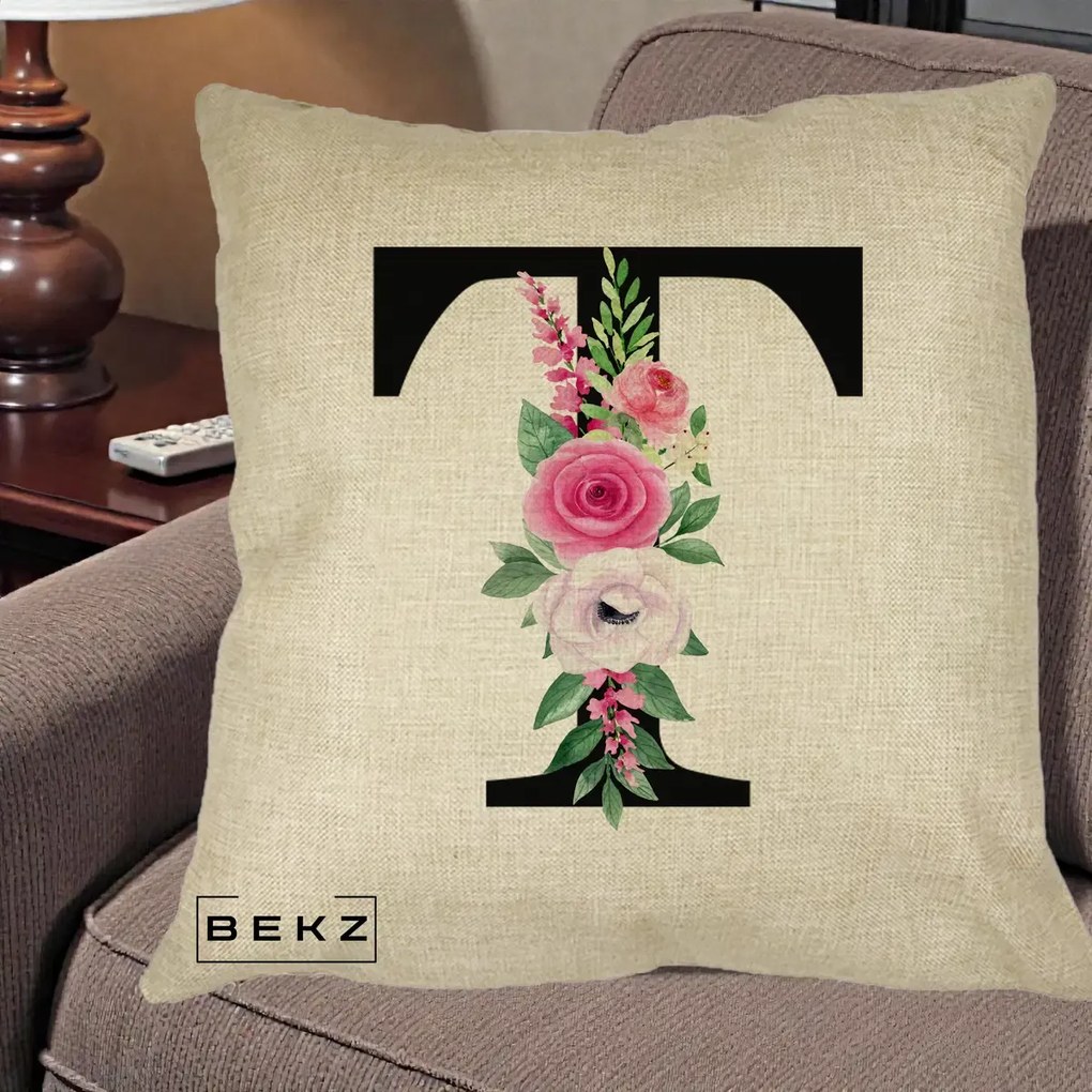 Cadou Personalizat - Perna Personalizata Monograma Florala Litera T, 40x40 cm, Crem, Husa Detasabila, Perna Inclusa, BEKZ®