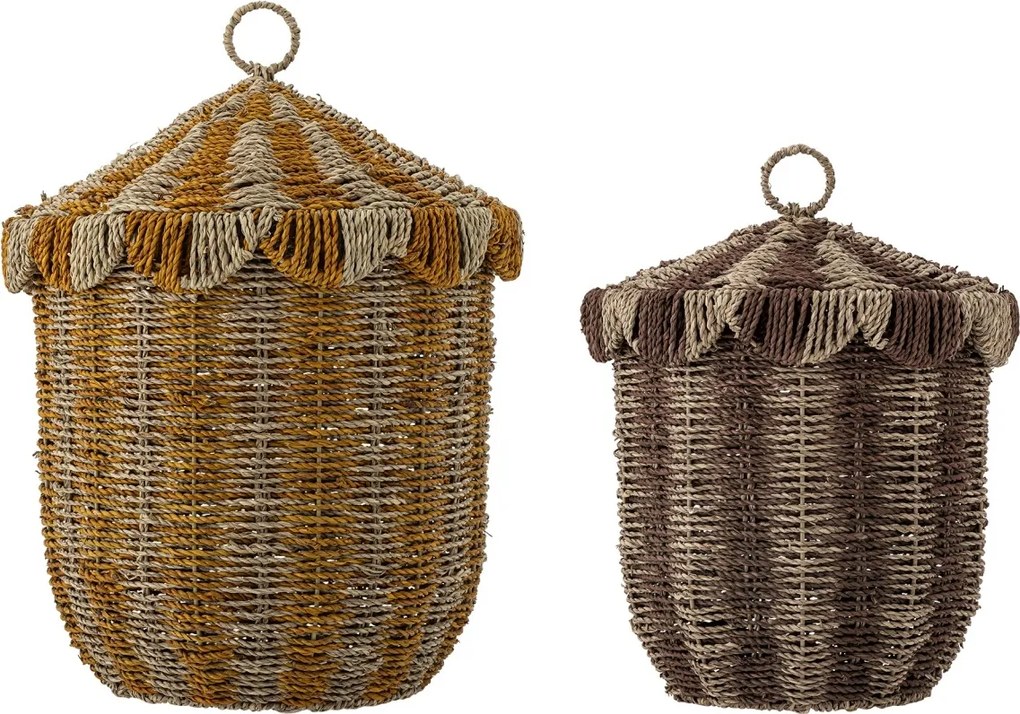 Set 2 coșuri depozitare din iarbă de mare împletită, natur, cu capac și dungi verticale, 37x50 cm și 32x43 cm, „Cikkeline"