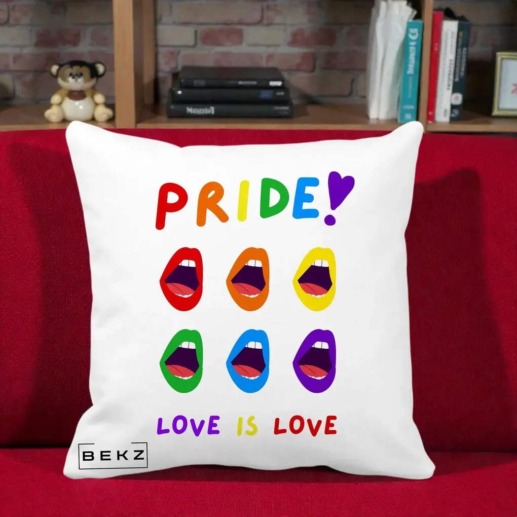 Perna Personalizata Pride Love is Love Curcubeu, 40x40 cm, Alba Mata, Husa Detasabila, Perna Inclusa, BEKZ®