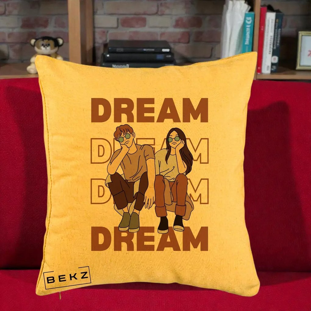 Perna Decorativa Dream Couple Aesthetic, 40x40 cm, Galben, Husa Detasabila, Perna Inclusa, BEKZ®