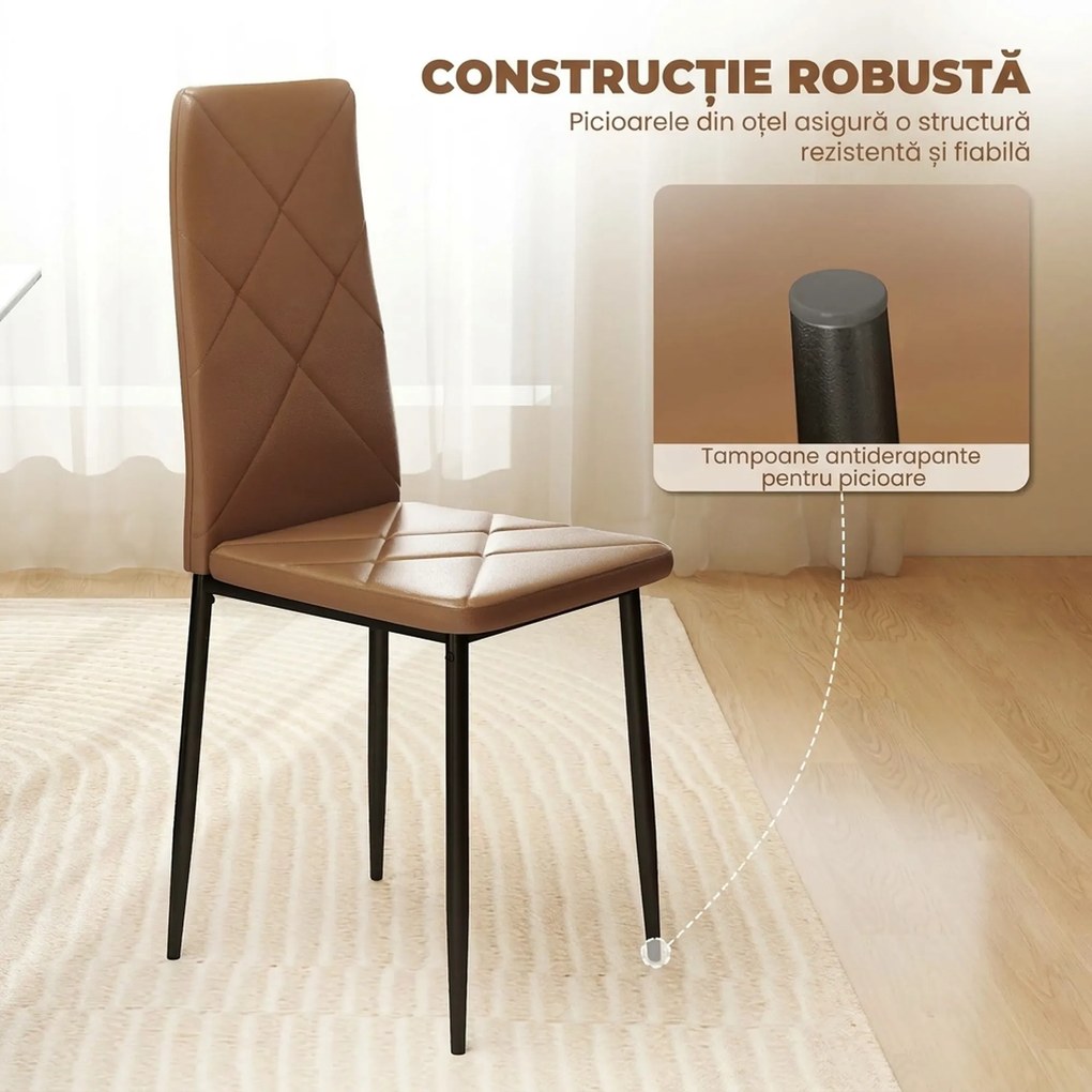 HOMCOM Set de 6 Scaune de Dining Moderne cu Spătar Înalt, din Piele Ecologică și Oțel, 41x50x97 cm, Maro | Aosom Romania