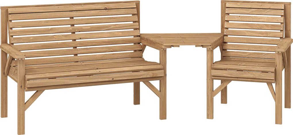 Outsunny Set 3 scaune de grădină, mobilier balcon cu orificiu pentru umbrelă, scaun de grădină, bancă, masă detașabilă 121x65x90 cm Lemn natural | Aosom Romania
