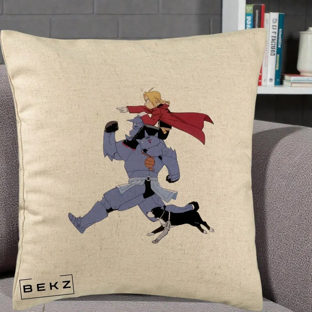Perna Personalizata Fullmetal Alchemist Edward si Alphonse, 40x40 cm, Bej, Husa Detasabila, Perna Inclusa, BEKZ®