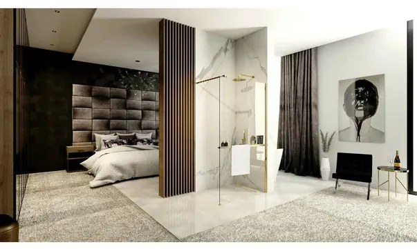Paravan de dus tip Walk-in Rea Aero N 110x195 cm si etajera cu suport auriu