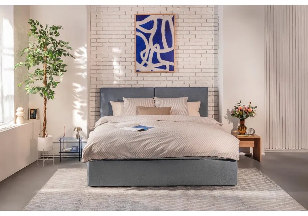Pat dublu tapițat albastru cu spațiu de depozitare cu saltea/ grătar 180x200 cm Thessa Bold - Bonami Selection