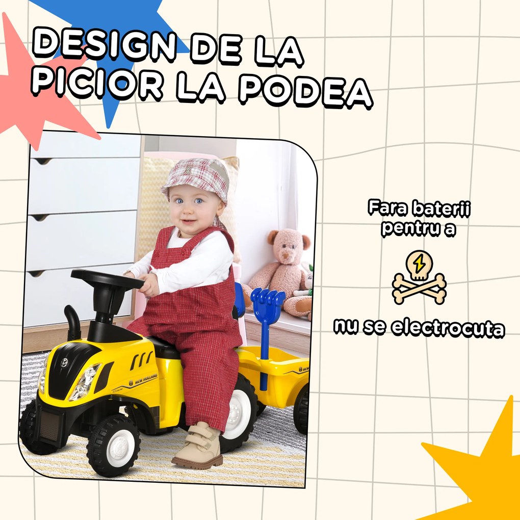 Tractor pentru Copii 12-36 Luni HOMCOM, Prevazut cu Loc cu Remorca, Grebla si Lopata, Joc Educativ, 91x29x44cm, Galben | Aosom Romania