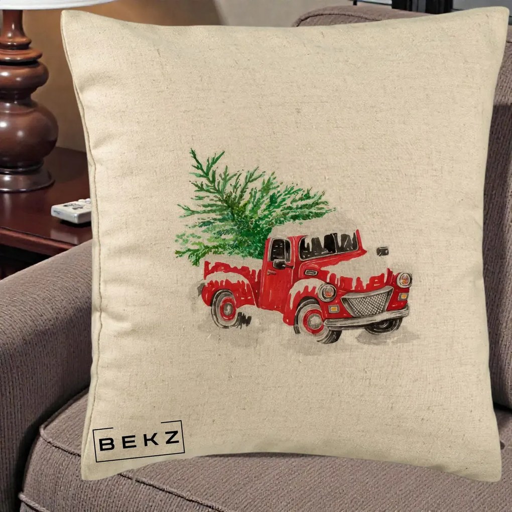 Perna Decorativa Camioneta Rosie Brad de Craciun, 40x40 cm, Bej, Husa Detasabila, Perna Inclusa, BEKZ®