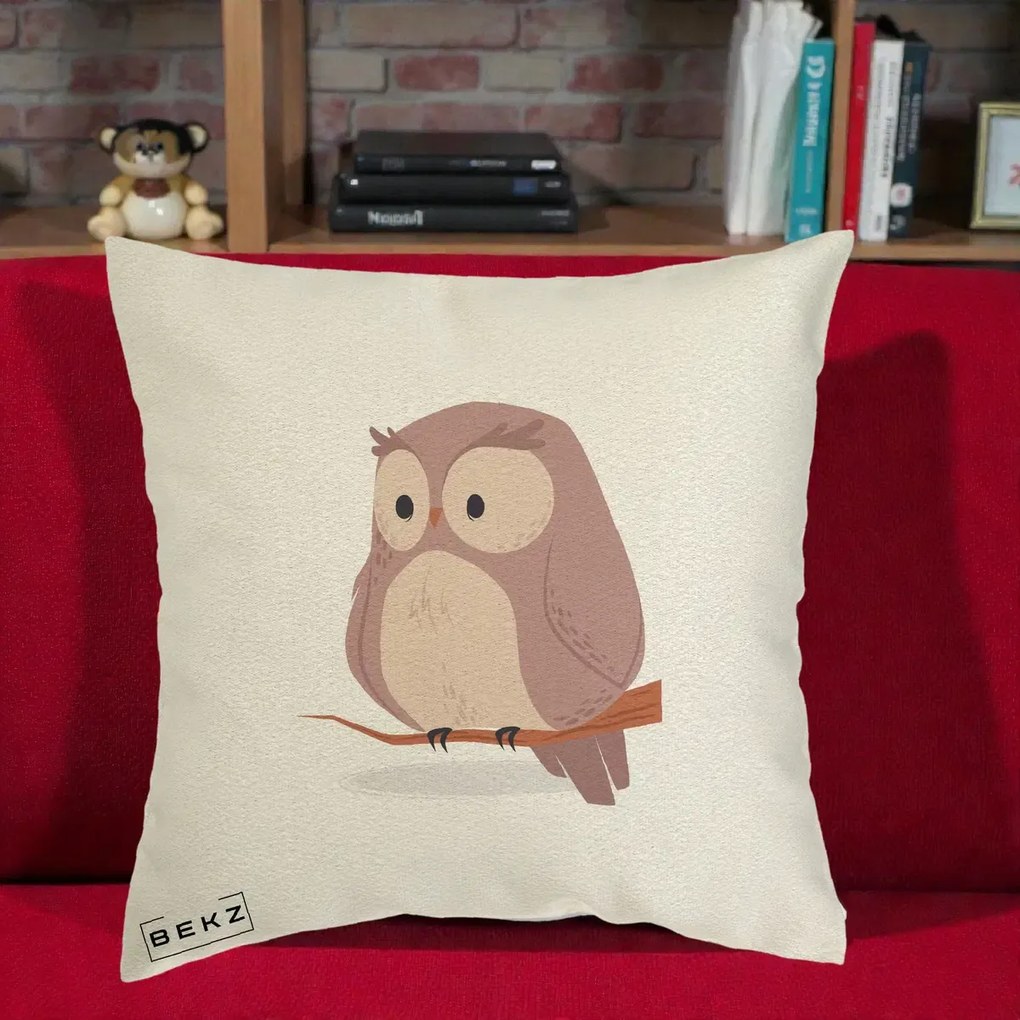 Perna Decorativa Bufnita Kawaii pe Creanga, 40x40 cm, Ecru, Husa Detasabila, Perna Inclusa, BEKZ®