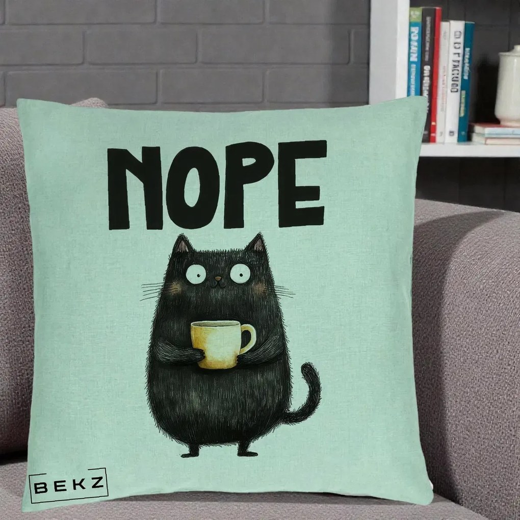 Perna Decorativa NOPE Pisica Neagra Cafea, 40x40 cm, Verde Menta, Husa Detasabila, Perna Inclusa, BEKZ®