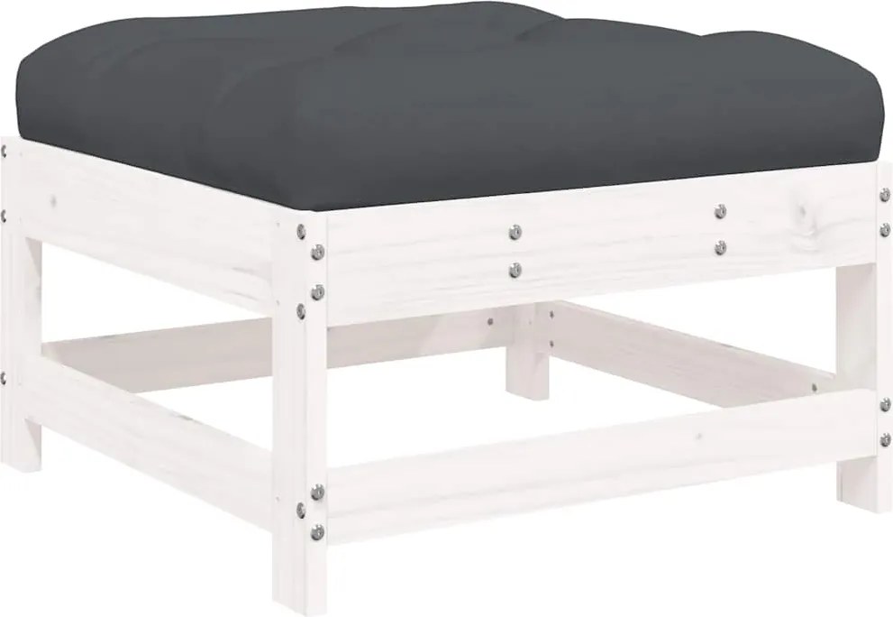 vidaXL Taburet de grădină cu pernă, alb, lemn masiv de pin