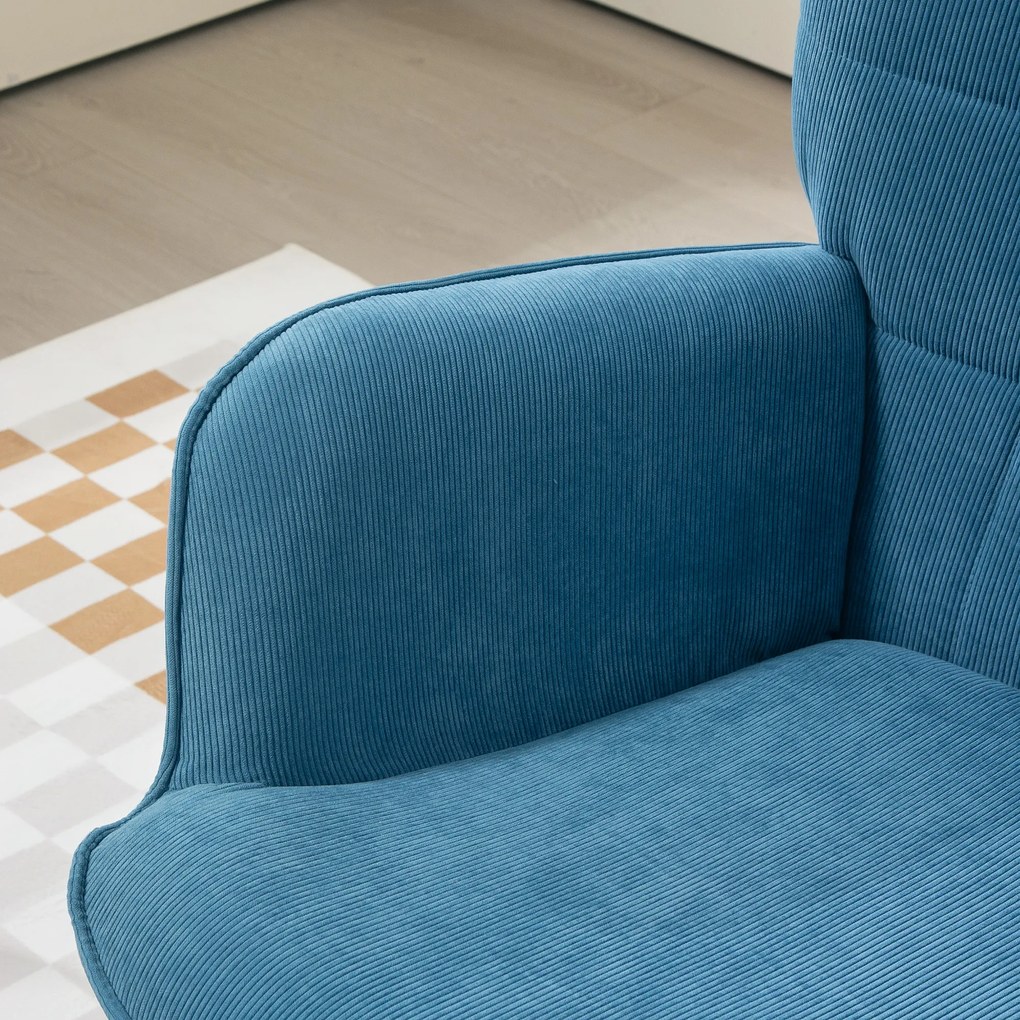 HOMCOM Fotoliu Accent cu Otoman, Fotoliu de Relaxare cu Aspect de Cord, Fotoliu cu Brate de Lemn, pentru Living, Albastru | Aosom Romania