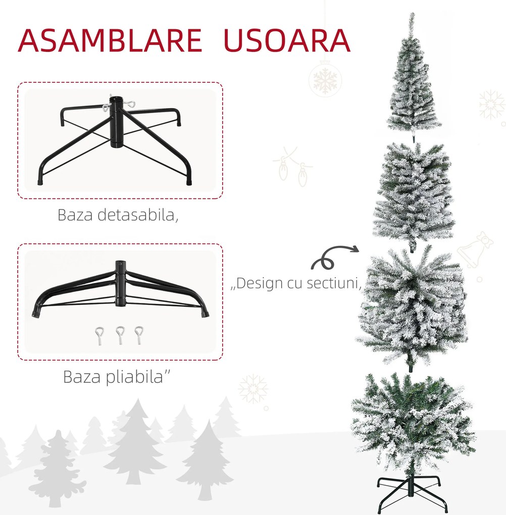 HOMCOM Brad de Crăciun Înzăpezit din PP Verde cu 492 Ramuri Ignifuge și Bază din Oțel Inoxidabil, Ø60x180 cm | Aosom Romania