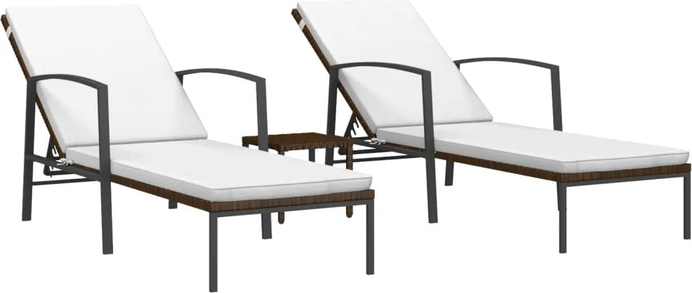 vidaXL Șezlonguri de plajă cu masă, 2 buc., maro, poliratan