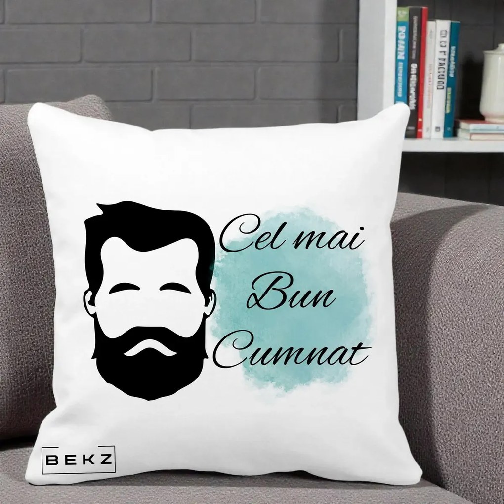 Cadou pentru Cumnat - Perna Personalizata Cel mai Bun Cumnat cu Portret Barbat si Pete Teal, 40x40 cm, Alba Mata, Husa Detasabila, Perna Inclusa, BEKZ®