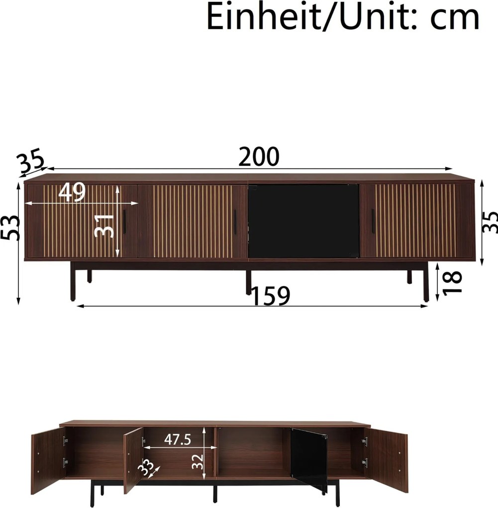 TV-Lowboard cu iluminare LED, 3 uși cu textură sculptată, mult spațiu de depozitare, 200x35x53 cm, Culoare naturală