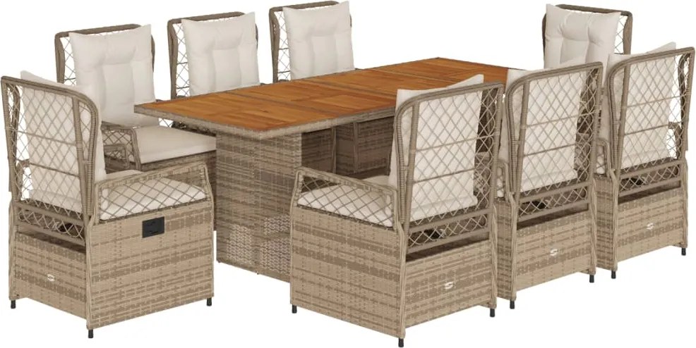 vidaXL Set de masă pentru grădină, 9 piese, cu perne, bej, poliratan