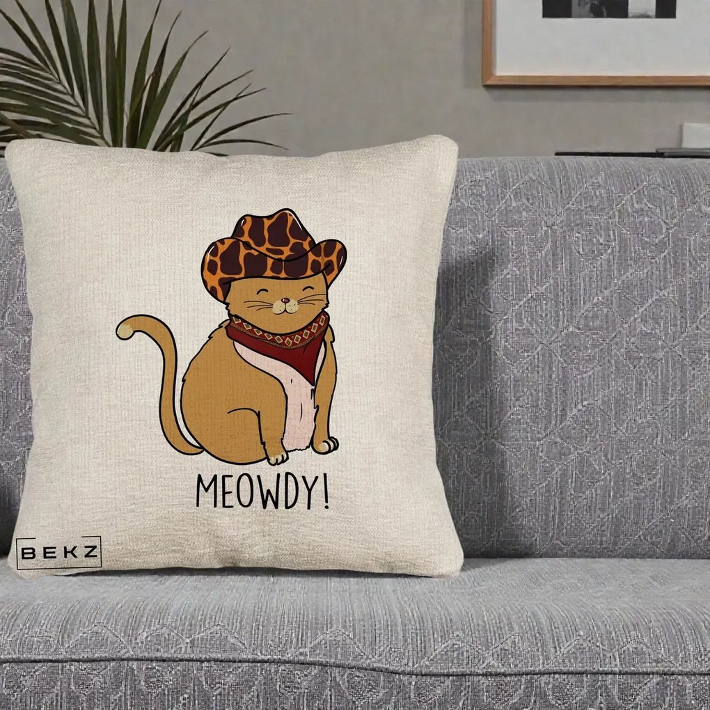 Perna Decorativa Pisica Cowboy Meowdy, 40x40 cm, Bej Canapea, Husa Detasabila, Perna Inclusa, BEKZ®