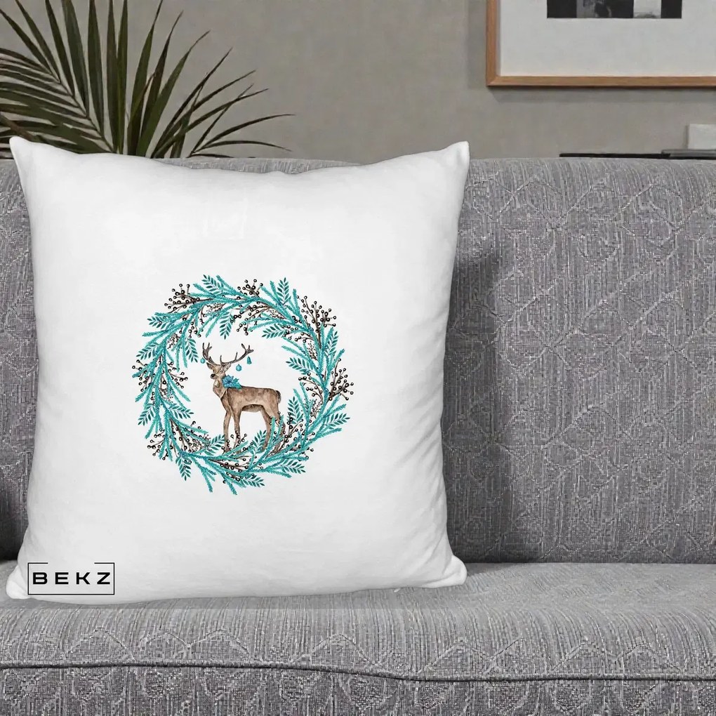 Perna Decorativa Coroana Turcoaz cu Ren, 40x40 cm, Alb Pufos, Husa Detasabila, Perna Inclusa, BEKZ®