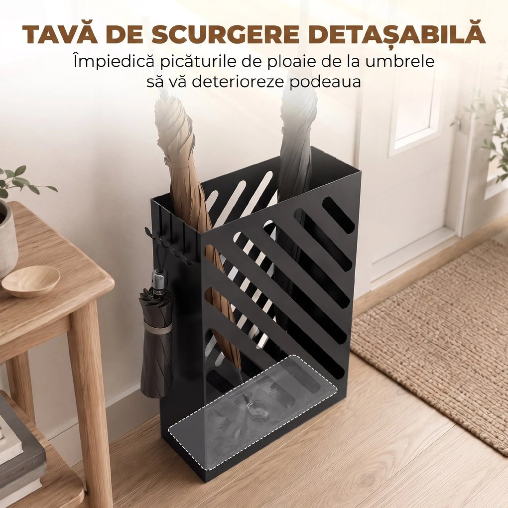 HOMCOM Suport pentru Umbrele de Design cu Tavă pentru Colectarea Picăturilor și 4 Cârlige din Metal, 28x14x41cm, Negru | Aosom Romania