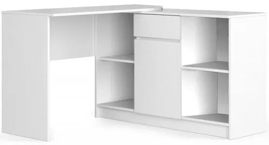 Birou calculator pe colt, placa laminata, 1 sertar, 6 rafturi, alb, 120x126x79/77 cm