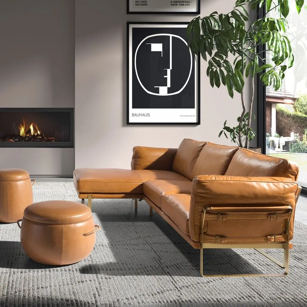 Coltar LUX design italian cu sezlong stanga Cowhide camel