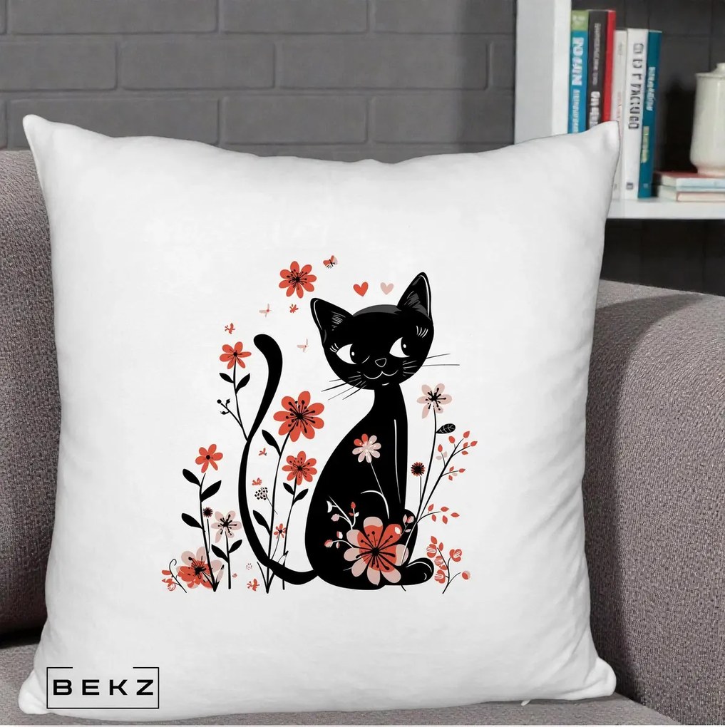 Perna Decorativa Pisica Neagra Flori Roz si Inimi, 40x40 cm, Alb Pufos, Husa Detasabila, Perna Inclusa, BEKZ®