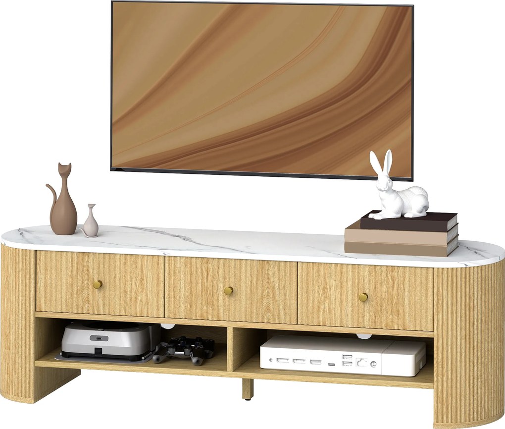 HOMCOM Comodă TV 140 cm, mobilier pentru televizor 165 cm cu aspect de marmură 3 sertare fețe canelate aspect lemn natural | Aosom Romania