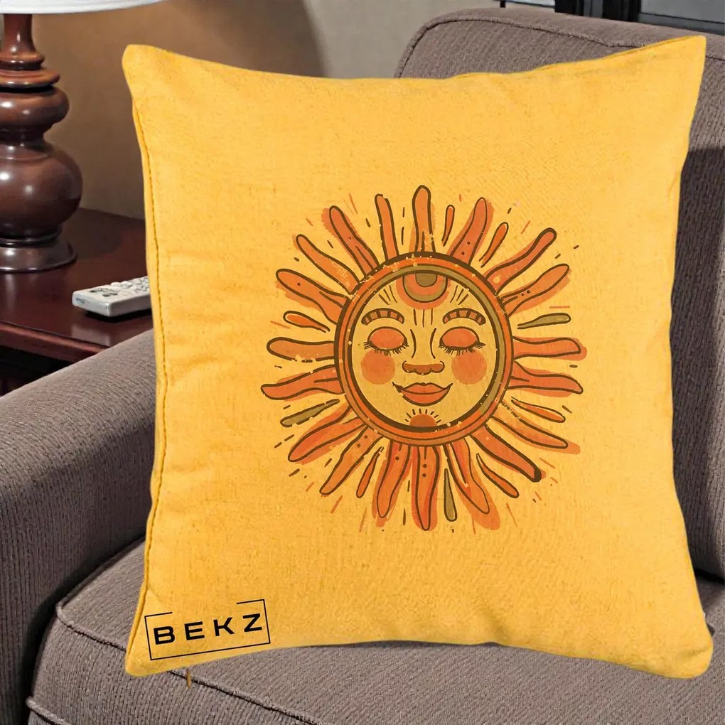 Perna Decorativa Soare Roz Tribal, 40x40 cm, Galben, Husa Detasabila, Perna Inclusa, BEKZ®