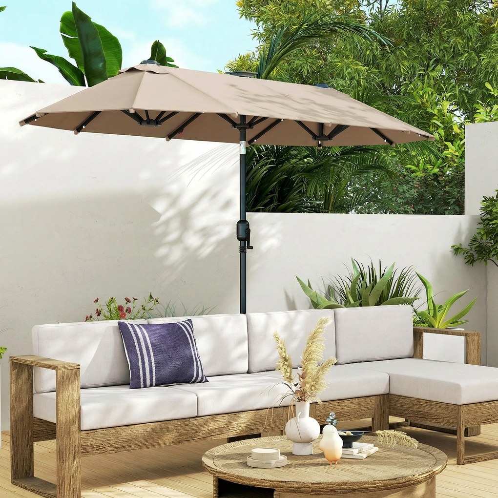 Outsunny Parasolar dublu 292 x 150 cm, umbrelă cu iluminare LED, manivelă, funcție de înclinare Khaki | Aosom Romania