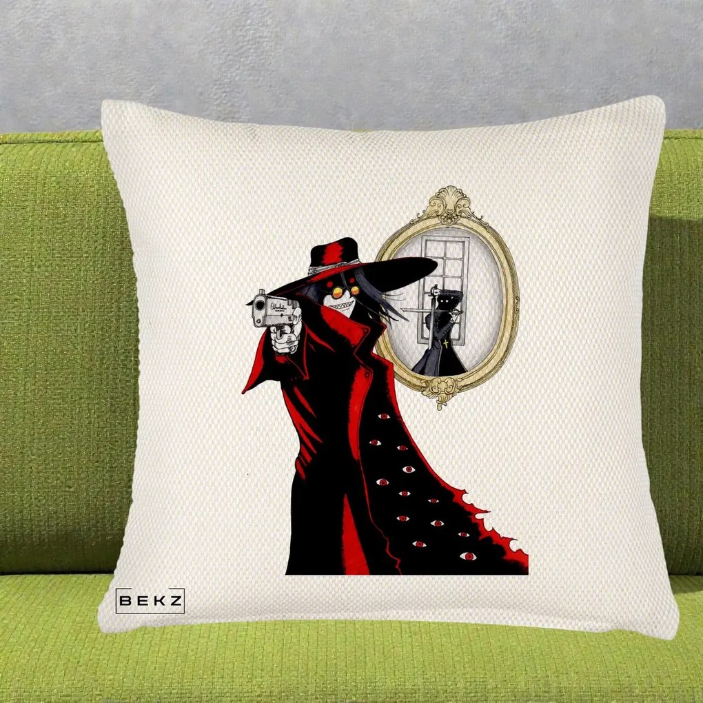Perna Personalizata Hellsing Alucard cu Pistoale, 40x40 cm, Crem Reliefat, Husa Detasabila, Perna Inclusa, BEKZ®