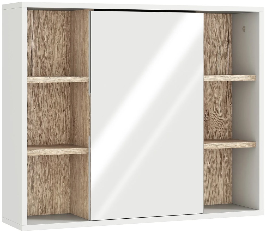 HOMCOM Dulap cu Oglinda din MDF si PAL, Dulap de Baie cu 3 Rafturi Laterale si Raft Interior Reglabil, 60x14.5x49.4 cm, Alb si Lemn Natur | Aosom RO