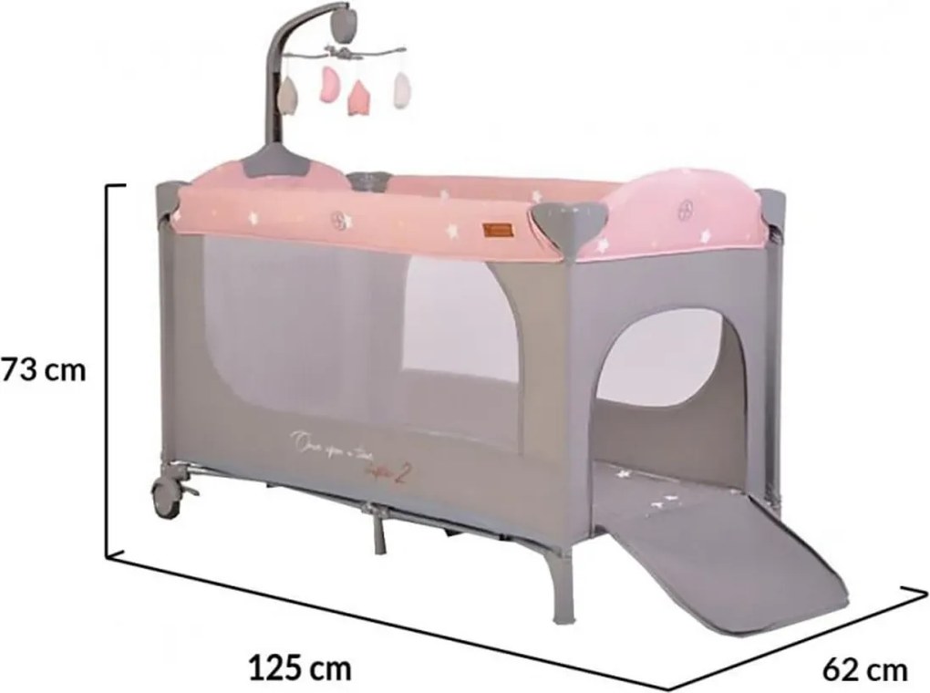 Patut pliant transformabil in tarc copii NOVOKIDS™ Onceuponatime NEST, 62X125 cm, 2 Niveluri, Jucarie Carusel muzical, Fermoar acces lateral, Roz cu