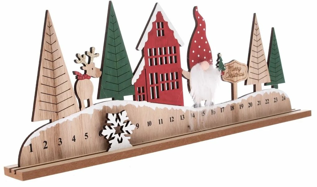 Calendar de advent din lemn cu elf roșu , 45 x 17x 4 cm